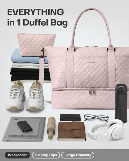 Travel Duffel Bag - Weekender Bags for Women, Gym Tote Bags with Shoe Compartment, Carry On Overnight Bag with Toiletry Bag for Travel Essentials and Travel Accessories, Black, 13.4"×17.3"×7.9"