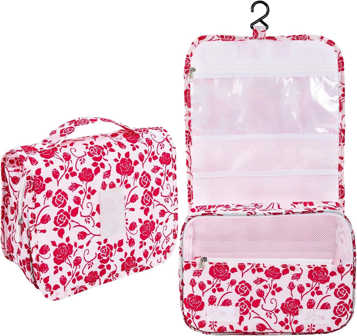 Hanging Toiletry Bag, Red Roses Waterproof Cosmetic Bag Portable Makeup Pouch Travel Wash Bag with Handle for Kids Teen Girls Spring Party Mothers Day Gifts