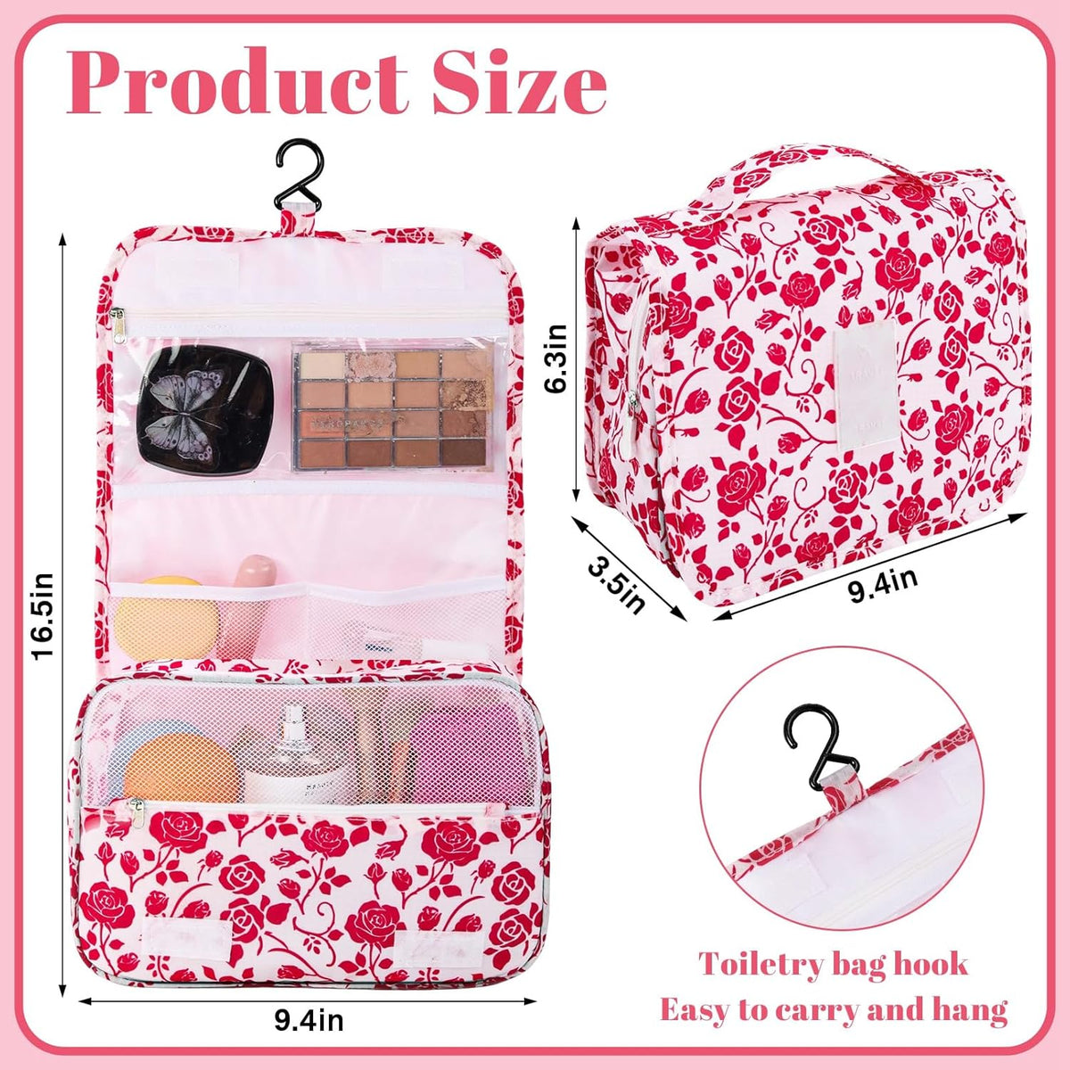 Hanging Toiletry Bag, Red Roses Waterproof Cosmetic Bag Portable Makeup Pouch Travel Wash Bag with Handle for Kids Teen Girls Spring Party Mothers Day Gifts