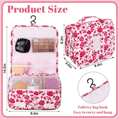 Hanging Toiletry Bag, Red Roses Waterproof Cosmetic Bag Portable Makeup Pouch Travel Wash Bag with Handle for Kids Teen Girls Spring Party Mothers Day Gifts