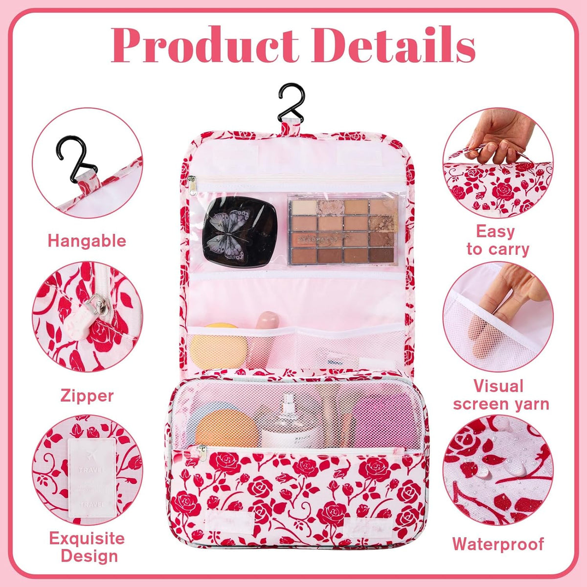 Hanging Toiletry Bag, Red Roses Waterproof Cosmetic Bag Portable Makeup Pouch Travel Wash Bag with Handle for Kids Teen Girls Spring Party Mothers Day Gifts