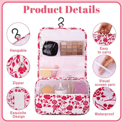 Hanging Toiletry Bag, Red Roses Waterproof Cosmetic Bag Portable Makeup Pouch Travel Wash Bag with Handle for Kids Teen Girls Spring Party Mothers Day Gifts