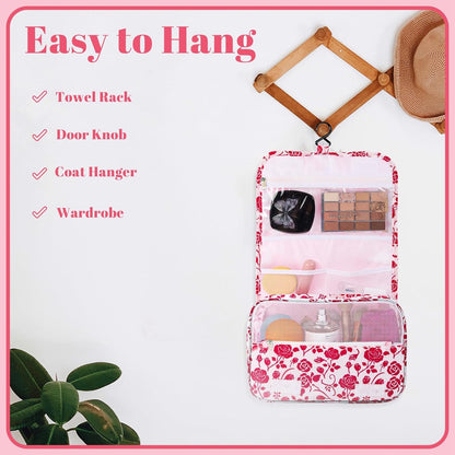 Hanging Toiletry Bag, Red Roses Waterproof Cosmetic Bag Portable Makeup Pouch Travel Wash Bag with Handle for Kids Teen Girls Spring Party Mothers Day Gifts