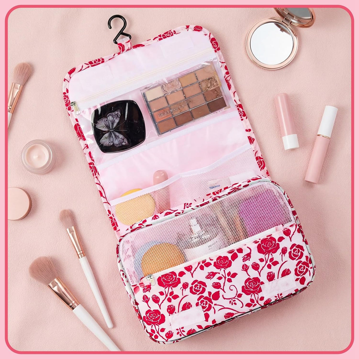 Hanging Toiletry Bag, Red Roses Waterproof Cosmetic Bag Portable Makeup Pouch Travel Wash Bag with Handle for Kids Teen Girls Spring Party Mothers Day Gifts