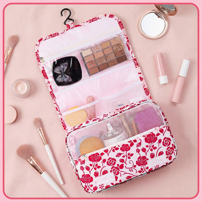 Hanging Toiletry Bag, Red Roses Waterproof Cosmetic Bag Portable Makeup Pouch Travel Wash Bag with Handle for Kids Teen Girls Spring Party Mothers Day Gifts