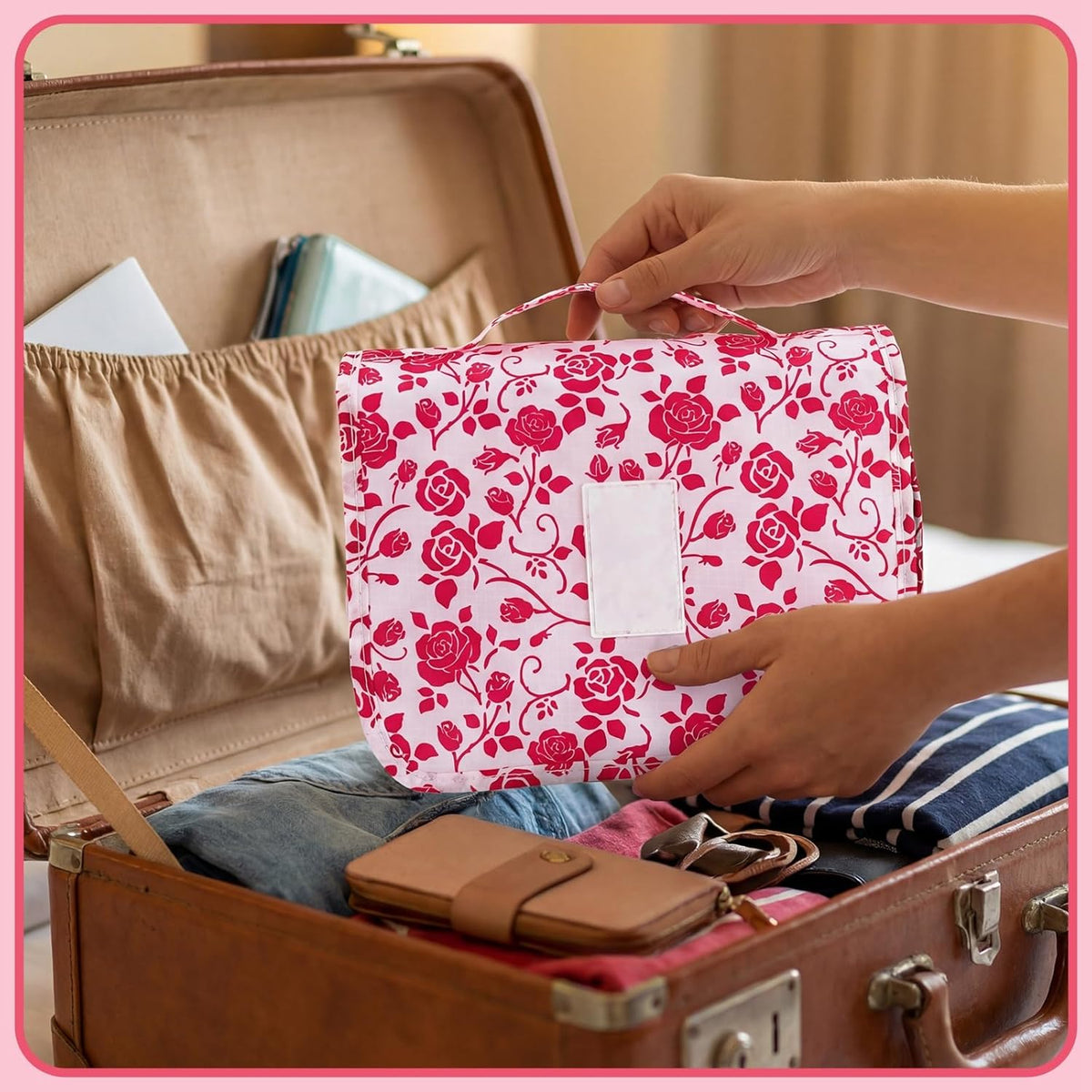 Hanging Toiletry Bag, Red Roses Waterproof Cosmetic Bag Portable Makeup Pouch Travel Wash Bag with Handle for Kids Teen Girls Spring Party Mothers Day Gifts