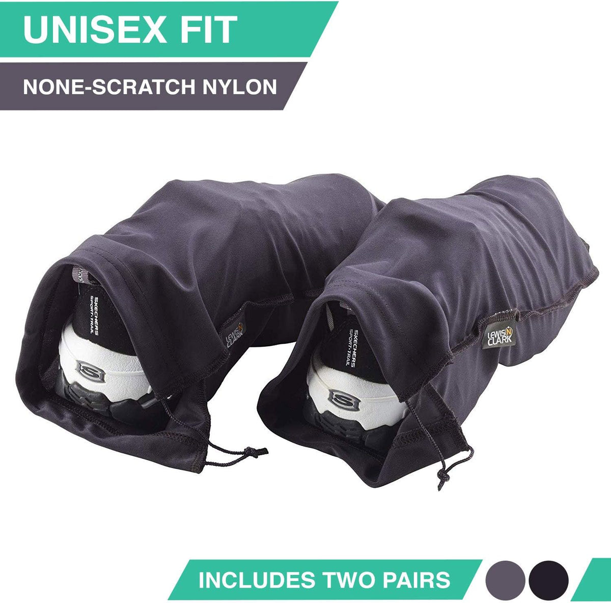 Nylon Drawstring Travel Shoe Bags + Covers for Women & Men, 2 Pair, Charcoal/Black, 1 Pack