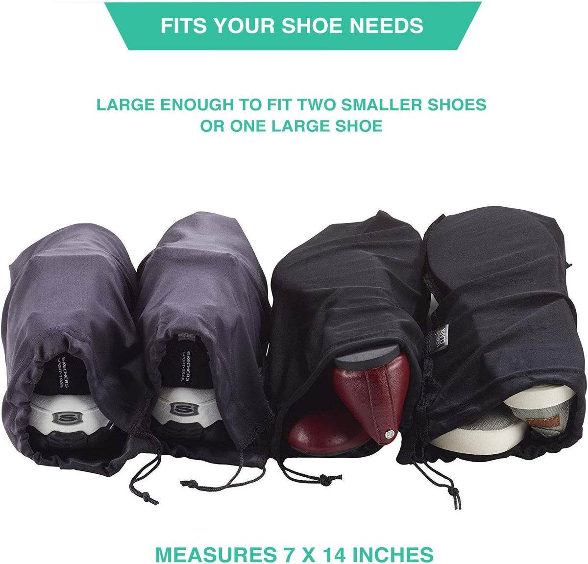 Nylon Drawstring Travel Shoe Bags + Covers for Women & Men, 2 Pair, Charcoal/Black, 1 Pack