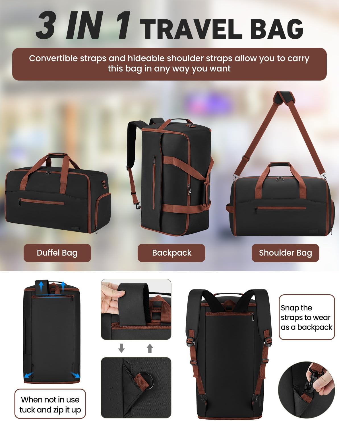 Convertible Garment Bags for Travel, 47L Garment Duffle bag for Hanging Clothes, 3 in 1 Suit Travel Bag for Business Trips with Shoulder Strap, Carry On Suit Luggage for Men,Blackbrown