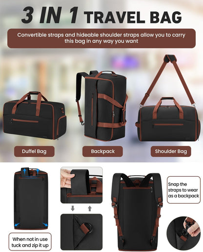 Convertible Garment Bags for Travel, 47L Garment Duffle bag for Hanging Clothes, 3 in 1 Suit Travel Bag for Business Trips with Shoulder Strap, Carry On Suit Luggage for Men,Blackbrown