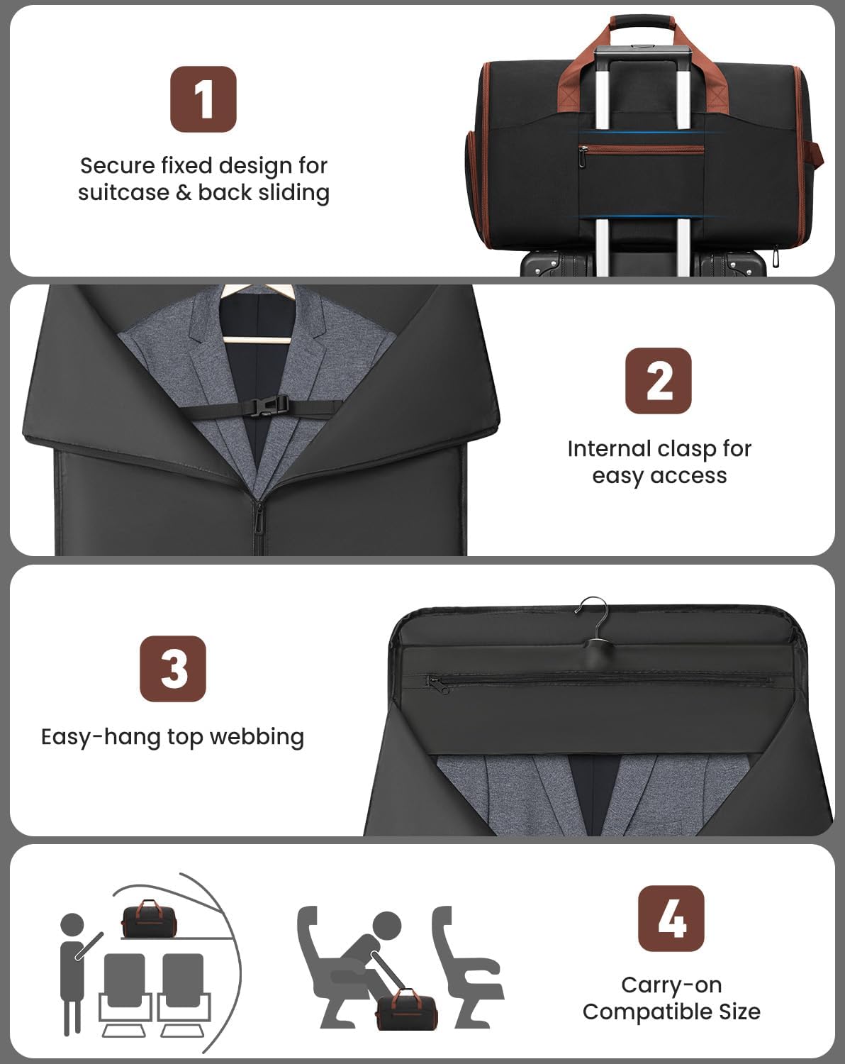 Convertible Garment Bags for Travel, 47L Garment Duffle bag for Hanging Clothes, 3 in 1 Suit Travel Bag for Business Trips with Shoulder Strap, Carry On Suit Luggage for Men,Blackbrown