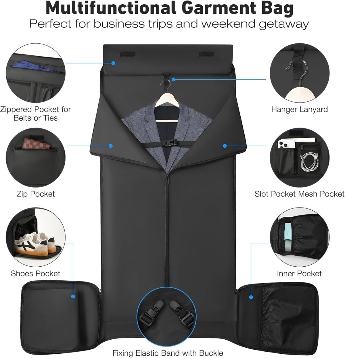 Convertible Garment Bags for Travel, 47L Garment Duffle bag for Hanging Clothes, 3 in 1 Suit Travel Bag for Business Trips with Shoulder Strap, Carry On Suit Luggage for Men,Blackbrown