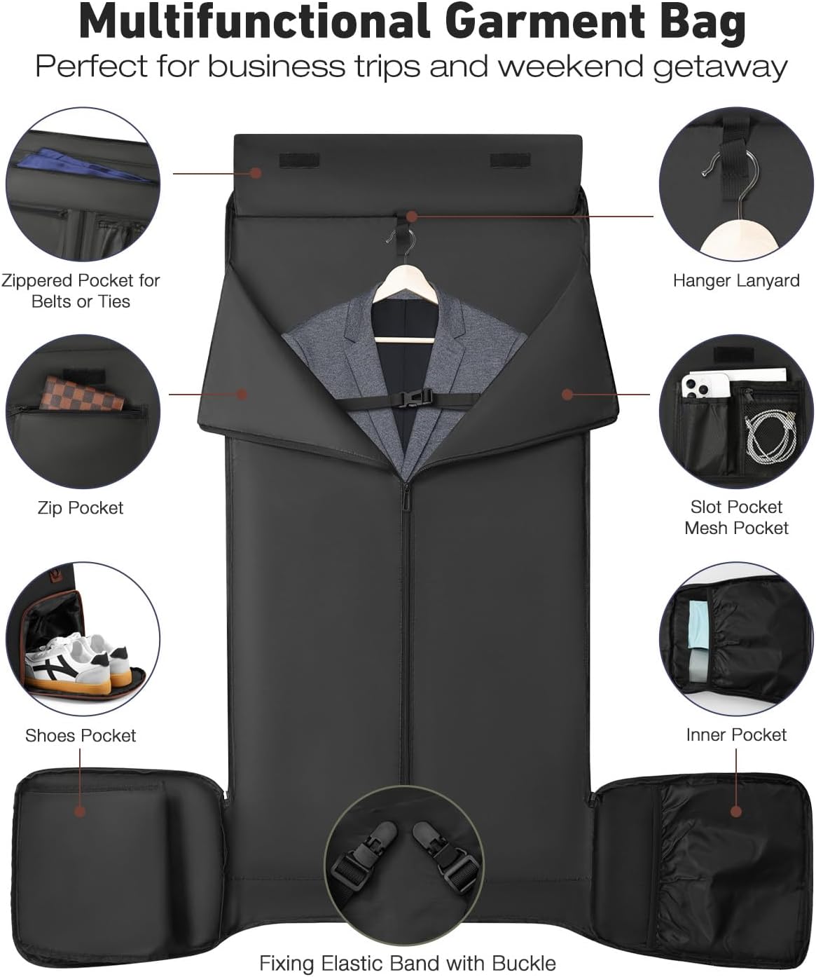 Convertible Garment Bags for Travel, 47L Garment Duffle bag for Hanging Clothes, 3 in 1 Suit Travel Bag for Business Trips with Shoulder Strap, Carry On Suit Luggage for Men,Blackbrown