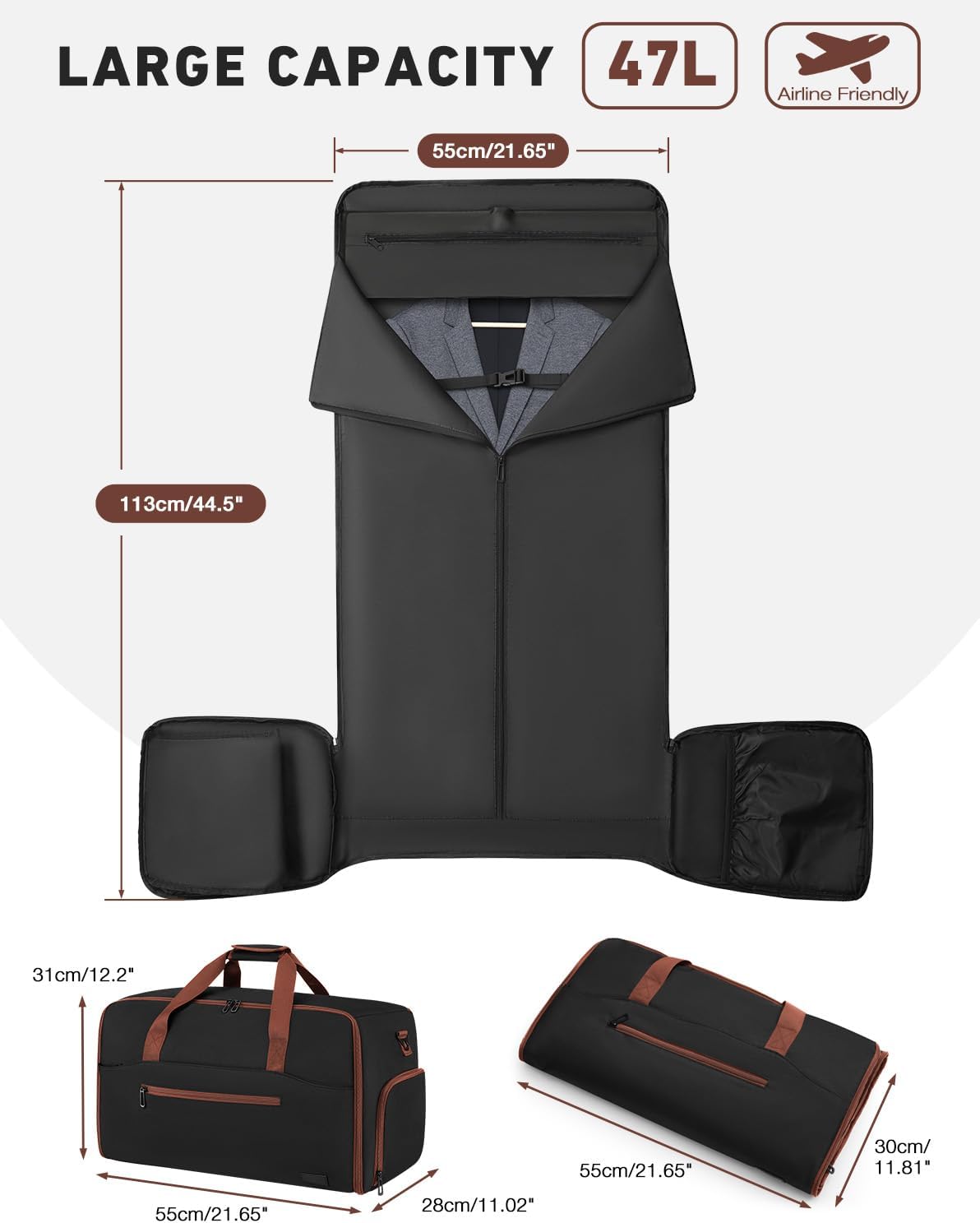 Convertible Garment Bags for Travel, 47L Garment Duffle bag for Hanging Clothes, 3 in 1 Suit Travel Bag for Business Trips with Shoulder Strap, Carry On Suit Luggage for Men,Blackbrown