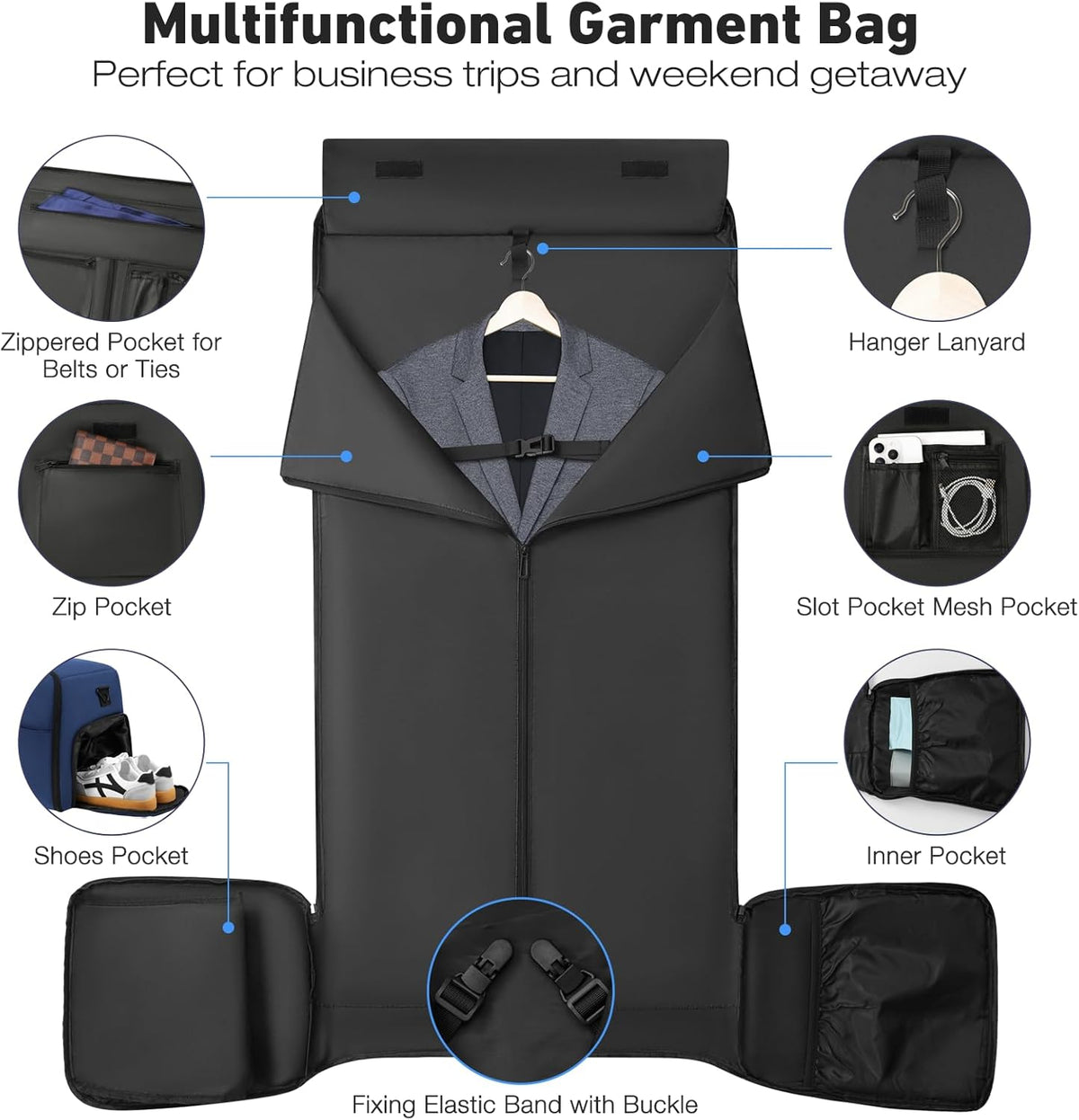 Convertible Garment Bags for Travel, 47L Garment Duffle bag for Hanging Clothes, 3 in 1 Suit Travel Bag for Business Trips with Shoulder Strap, Carry On Suit Luggage for Men,Blackbrown