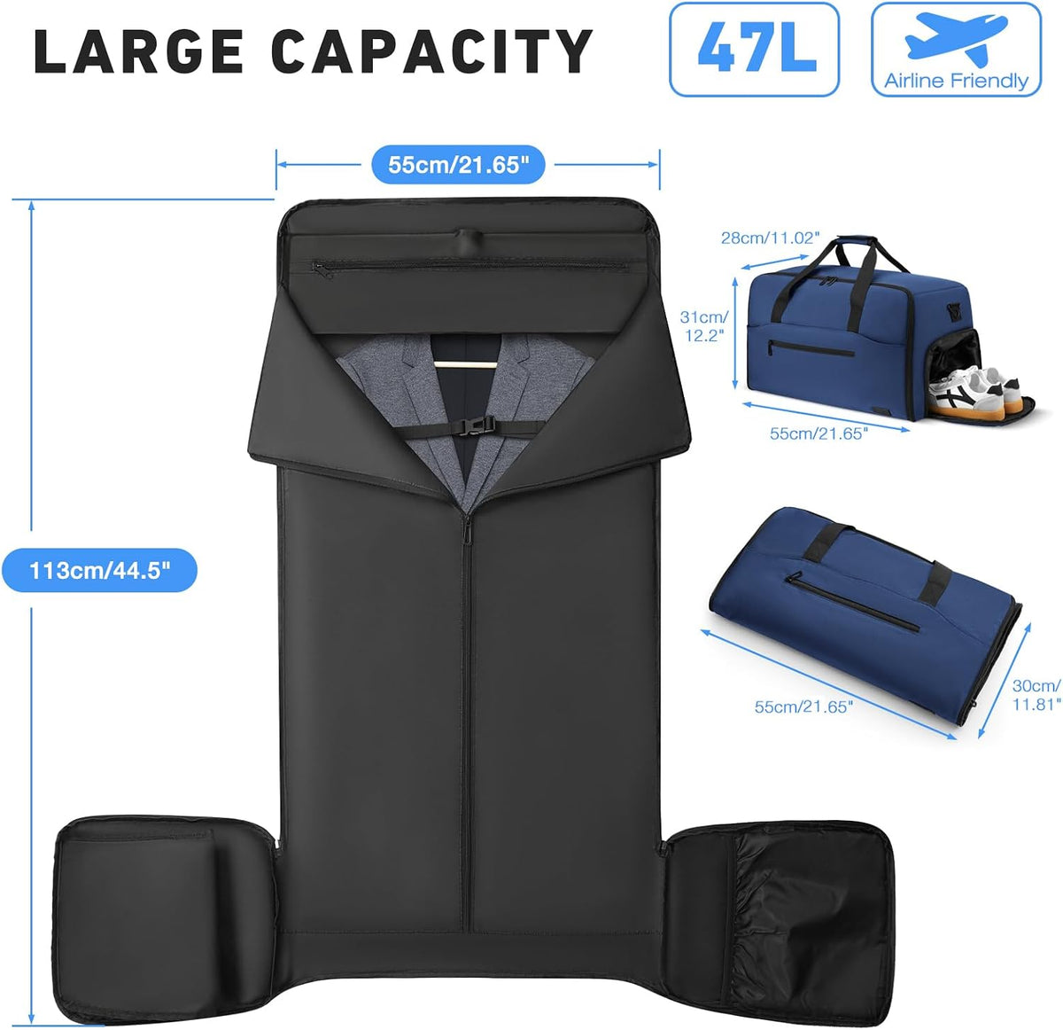 Convertible Garment Bags for Travel, 47L Garment Duffle bag for Hanging Clothes, 3 in 1 Suit Travel Bag for Business Trips with Shoulder Strap, Carry On Suit Luggage for Men,Blackbrown