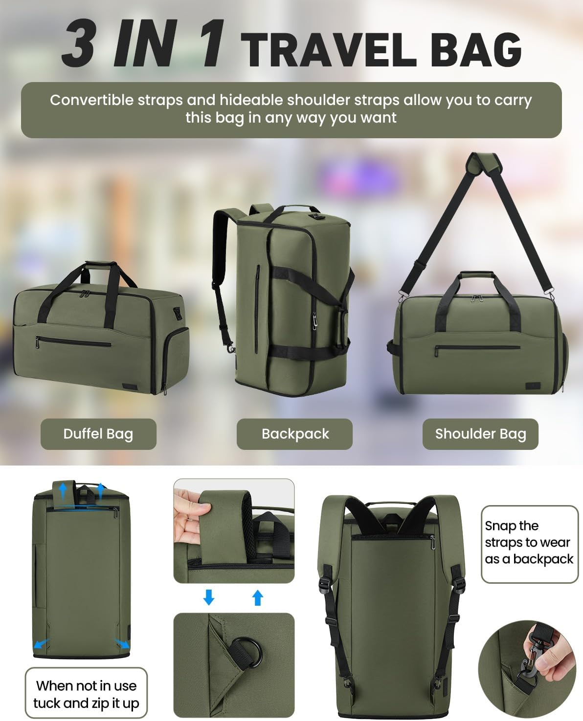 Convertible Garment Bags for Travel, 47L Garment Duffle bag for Hanging Clothes, 3 in 1 Suit Travel Bag for Business Trips with Shoulder Strap, Carry On Suit Luggage for Men,Blackbrown