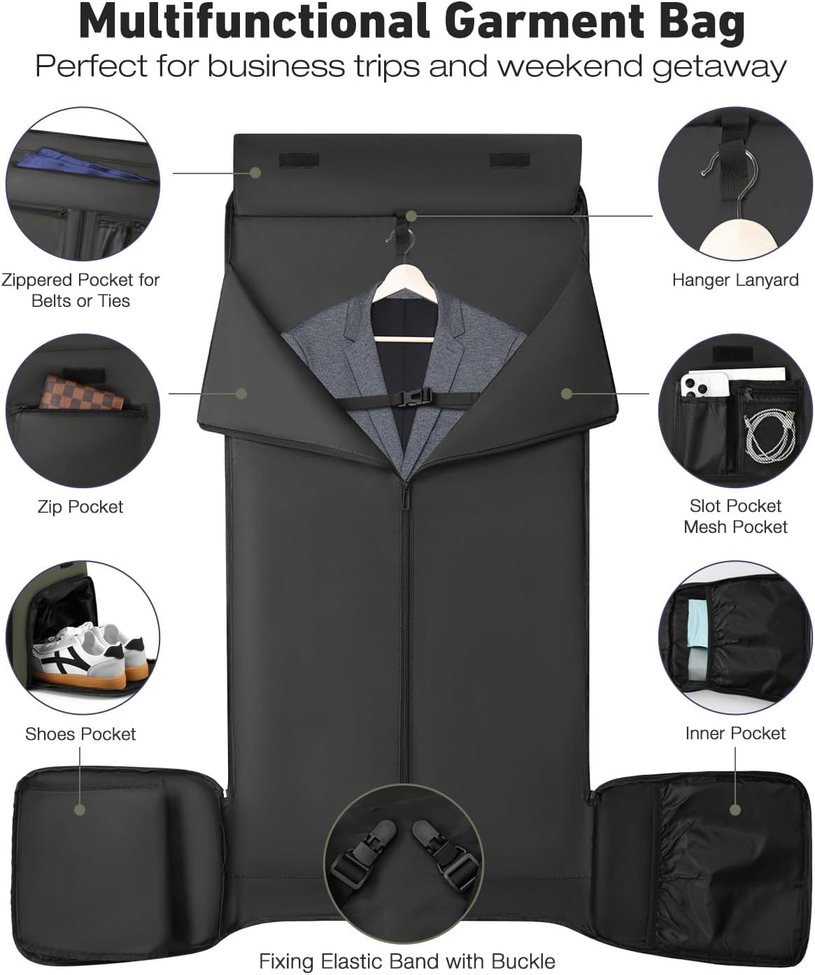 Convertible Garment Bags for Travel, 47L Garment Duffle bag for Hanging Clothes, 3 in 1 Suit Travel Bag for Business Trips with Shoulder Strap, Carry On Suit Luggage for Men,Blackbrown