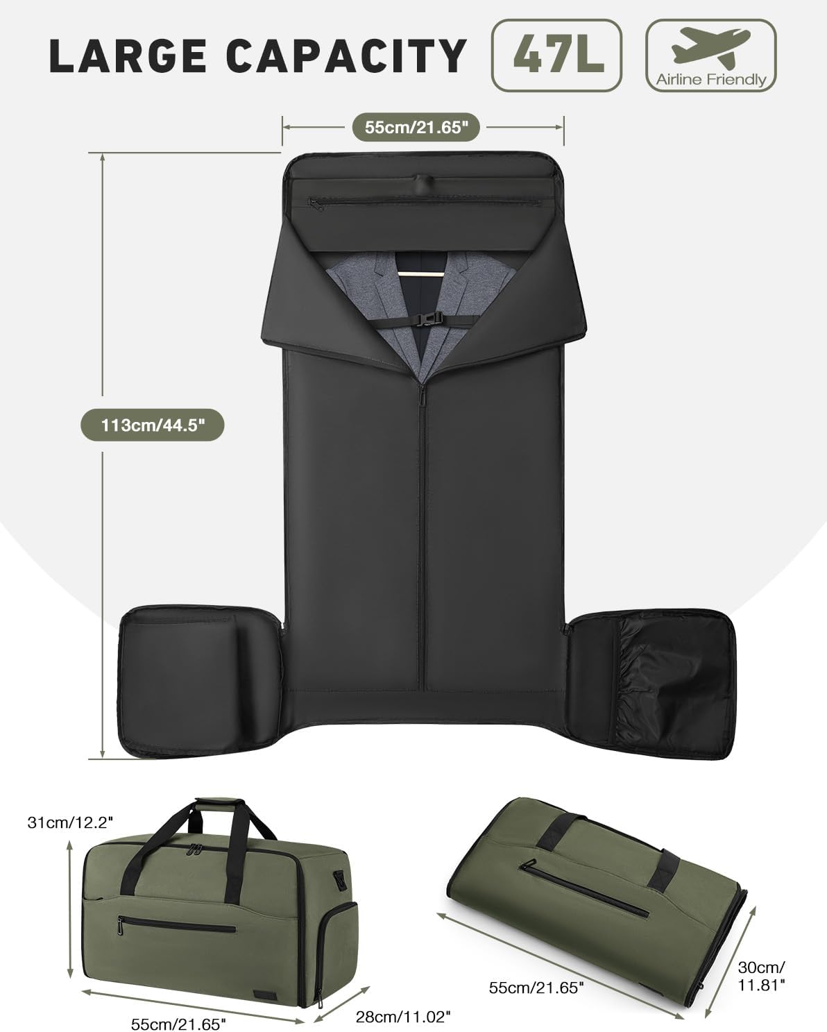 Convertible Garment Bags for Travel, 47L Garment Duffle bag for Hanging Clothes, 3 in 1 Suit Travel Bag for Business Trips with Shoulder Strap, Carry On Suit Luggage for Men,Blackbrown