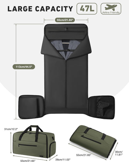 Convertible Garment Bags for Travel, 47L Garment Duffle bag for Hanging Clothes, 3 in 1 Suit Travel Bag for Business Trips with Shoulder Strap, Carry On Suit Luggage for Men,Blackbrown