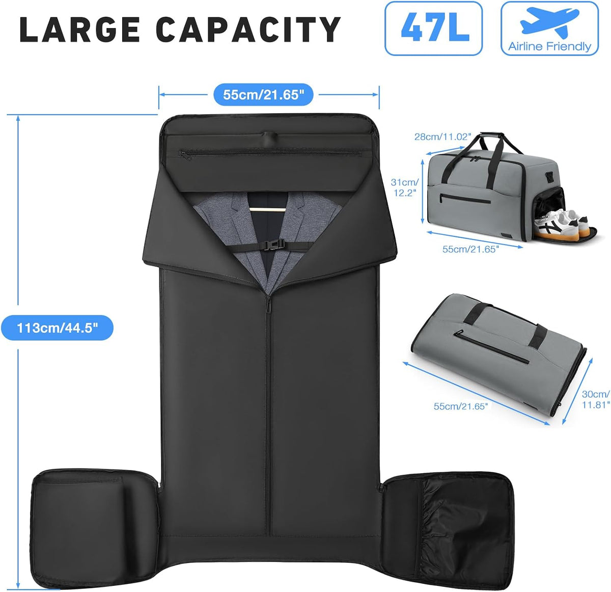 Convertible Garment Bags for Travel, 47L Garment Duffle bag for Hanging Clothes, 3 in 1 Suit Travel Bag for Business Trips with Shoulder Strap, Carry On Suit Luggage for Men,Blackbrown