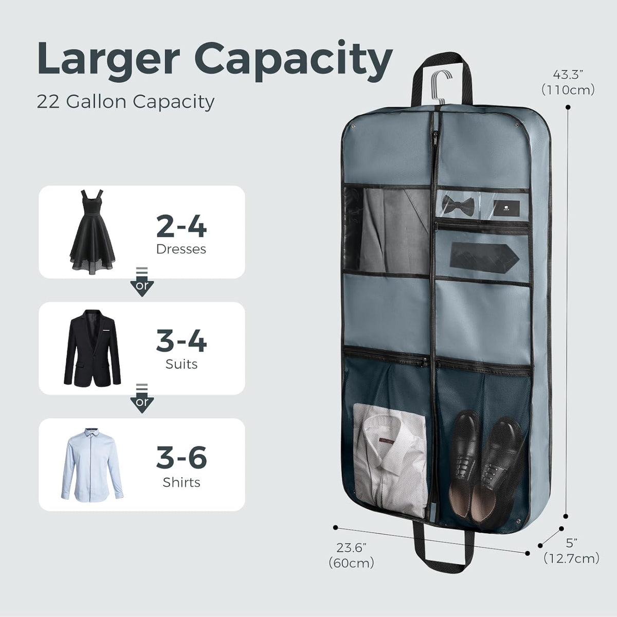 40" Gusseted Travel Garment Bag, Heavy Duty Hanging Suit Bag, Dress Bag for Closet Storage, Foldable Suit Cover Protector for Clothes Shirts Dresses Coats(Grey)
