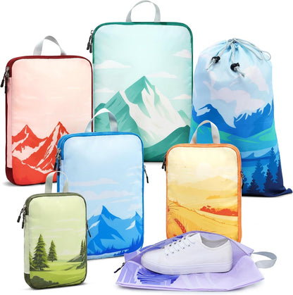 7-Piece Compression Packing Cubes for Travel, Patterned Expandable Luggage Organizer Bags with Double Zipper & Mesh Panel, Shoe Bag & Drawstring Bag for Carry-On, Vacation, Camping
