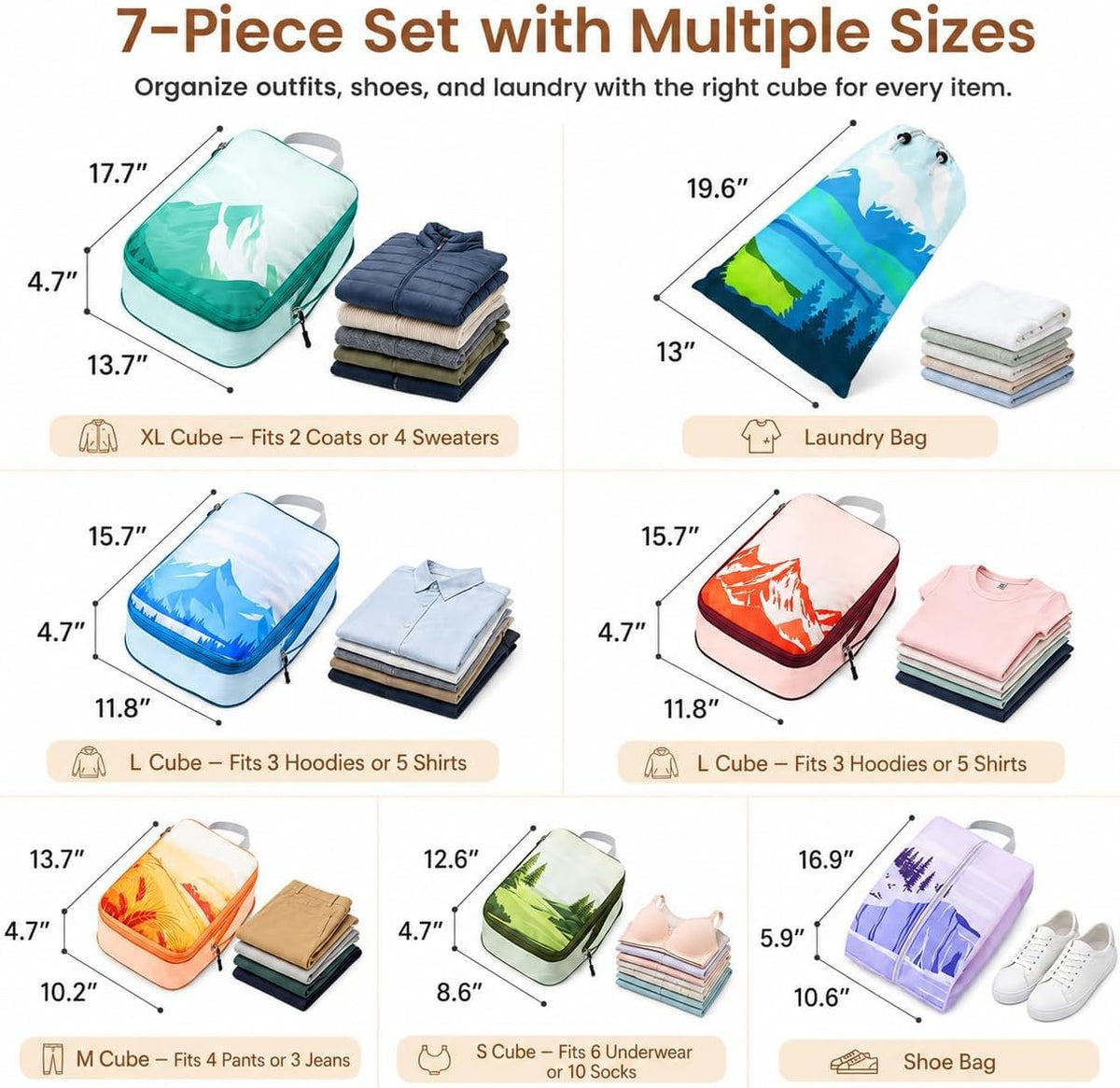 7-Piece Compression Packing Cubes for Travel, Patterned Expandable Luggage Organizer Bags with Double Zipper & Mesh Panel, Shoe Bag & Drawstring Bag for Carry-On, Vacation, Camping