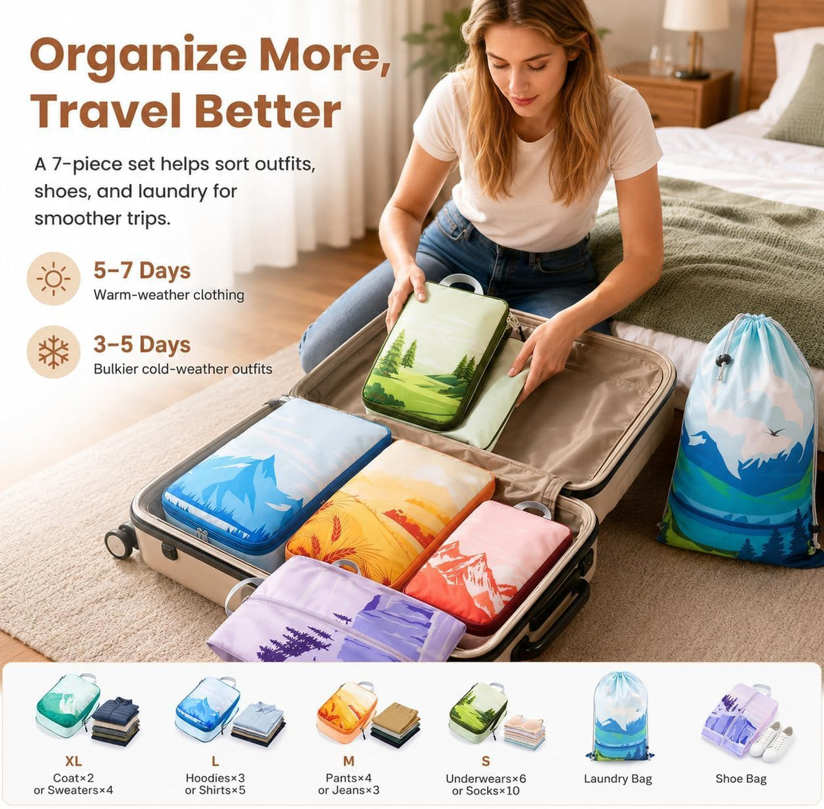 7-Piece Compression Packing Cubes for Travel, Patterned Expandable Luggage Organizer Bags with Double Zipper & Mesh Panel, Shoe Bag & Drawstring Bag for Carry-On, Vacation, Camping
