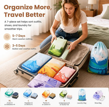 7-Piece Compression Packing Cubes for Travel, Patterned Expandable Luggage Organizer Bags with Double Zipper & Mesh Panel, Shoe Bag & Drawstring Bag for Carry-On, Vacation, Camping