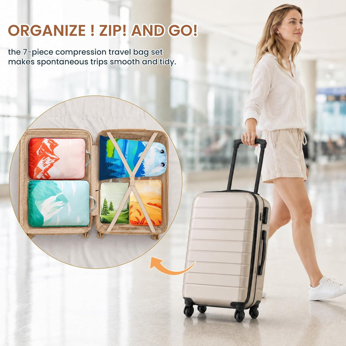 7-Piece Compression Packing Cubes for Travel, Patterned Expandable Luggage Organizer Bags with Double Zipper & Mesh Panel, Shoe Bag & Drawstring Bag for Carry-On, Vacation, Camping