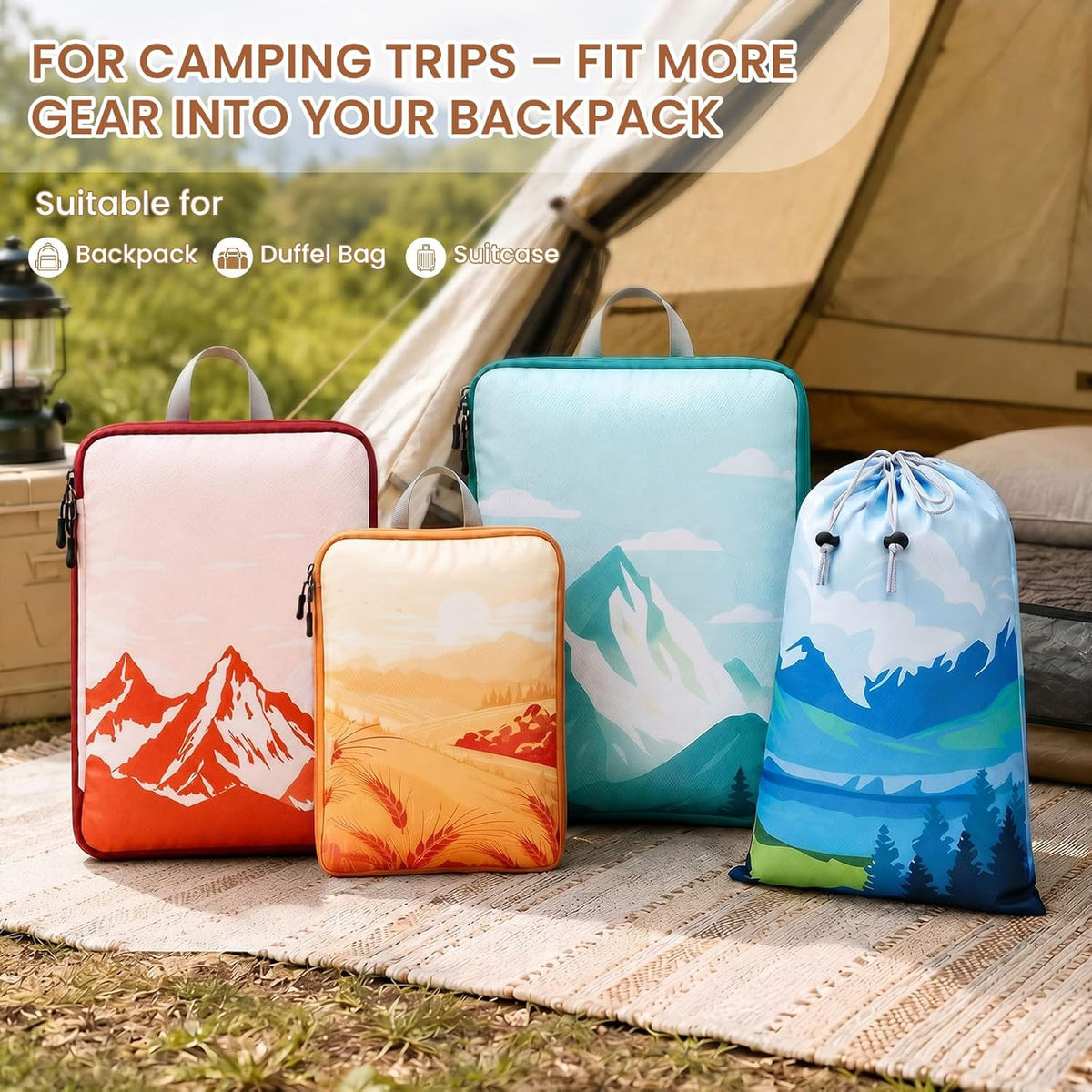 7-Piece Compression Packing Cubes for Travel, Patterned Expandable Luggage Organizer Bags with Double Zipper & Mesh Panel, Shoe Bag & Drawstring Bag for Carry-On, Vacation, Camping