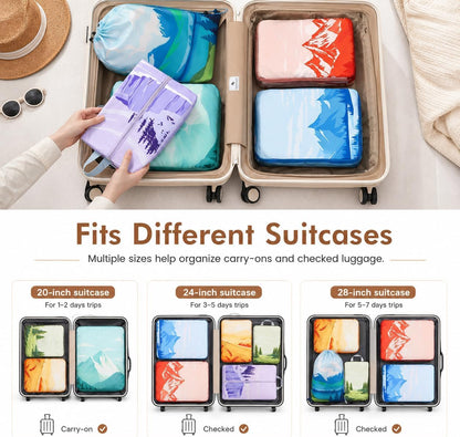 7-Piece Compression Packing Cubes for Travel, Patterned Expandable Luggage Organizer Bags with Double Zipper & Mesh Panel, Shoe Bag & Drawstring Bag for Carry-On, Vacation, Camping