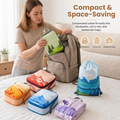 7-Piece Compression Packing Cubes for Travel, Patterned Expandable Luggage Organizer Bags with Double Zipper & Mesh Panel, Shoe Bag & Drawstring Bag for Carry-On, Vacation, Camping