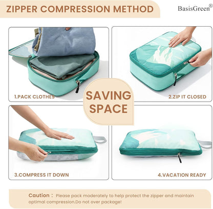 7-Piece Compression Packing Cubes for Travel, Patterned Expandable Luggage Organizer Bags with Double Zipper & Mesh Panel, Shoe Bag & Drawstring Bag for Carry-On, Vacation, Camping