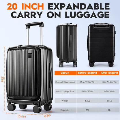 Expandable Top Opening 20 Inch Carry On Luggage with Laptop Compartment – Polycarbonate Hard Shell Suitcase, TSA Lock & Spinner Wheels (White)