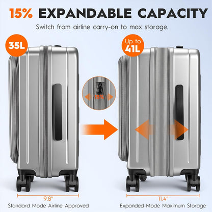 Expandable Top Opening 20 Inch Carry On Luggage with Laptop Compartment – Polycarbonate Hard Shell Suitcase, TSA Lock & Spinner Wheels (White)