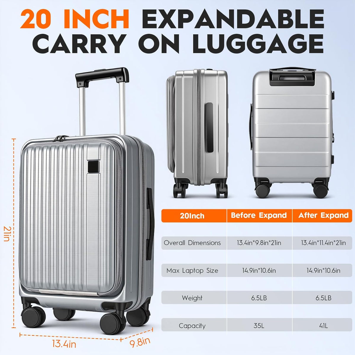 Expandable Top Opening 20 Inch Carry On Luggage with Laptop Compartment – Polycarbonate Hard Shell Suitcase, TSA Lock & Spinner Wheels (White)