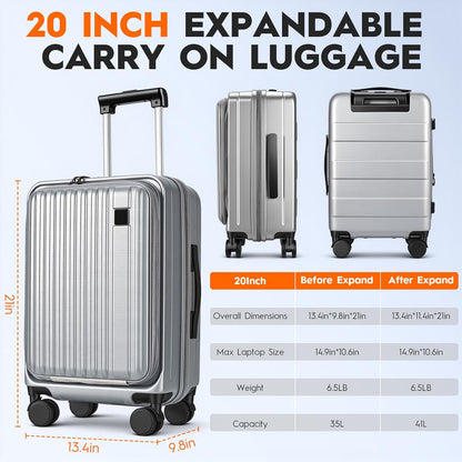 Expandable Top Opening 20 Inch Carry On Luggage with Laptop Compartment – Polycarbonate Hard Shell Suitcase, TSA Lock & Spinner Wheels (White)