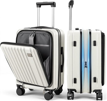 Expandable Top Opening 20 Inch Carry On Luggage with Laptop Compartment – Polycarbonate Hard Shell Suitcase, TSA Lock & Spinner Wheels (White)