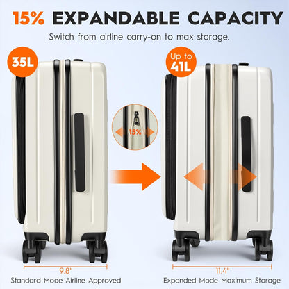 Expandable Top Opening 20 Inch Carry On Luggage with Laptop Compartment – Polycarbonate Hard Shell Suitcase, TSA Lock & Spinner Wheels (White)