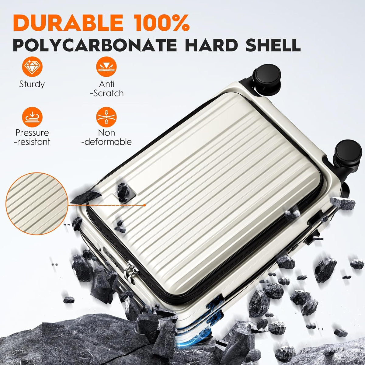 Expandable Top Opening 20 Inch Carry On Luggage with Laptop Compartment – Polycarbonate Hard Shell Suitcase, TSA Lock & Spinner Wheels (White)