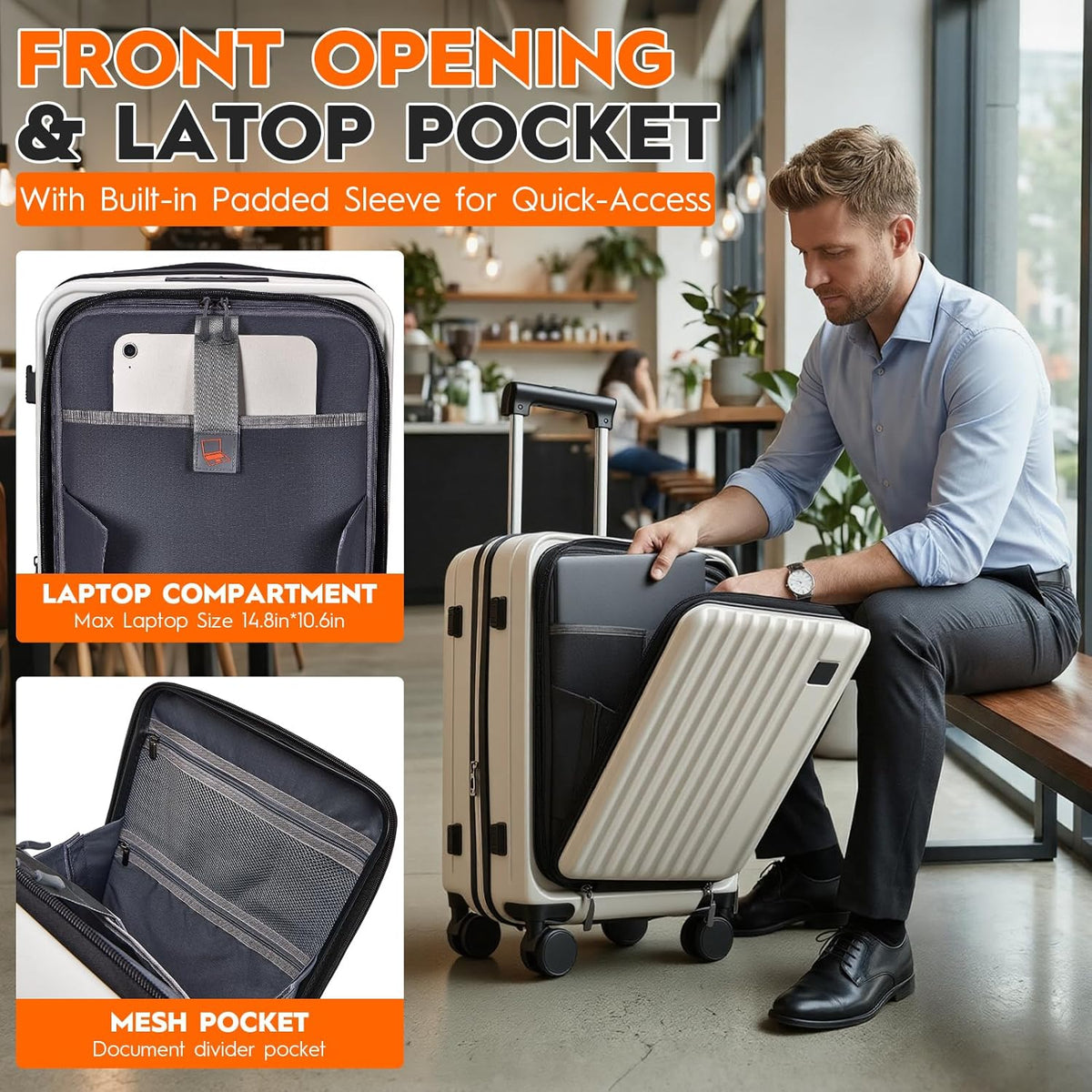 Expandable Top Opening 20 Inch Carry On Luggage with Laptop Compartment – Polycarbonate Hard Shell Suitcase, TSA Lock & Spinner Wheels (White)