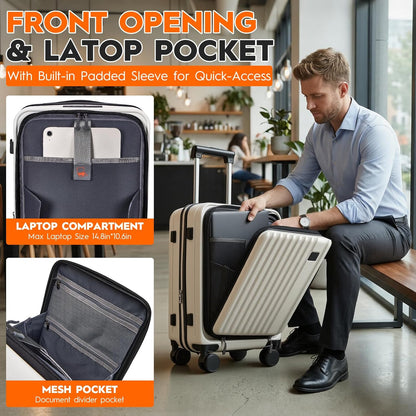 Expandable Top Opening 20 Inch Carry On Luggage with Laptop Compartment – Polycarbonate Hard Shell Suitcase, TSA Lock & Spinner Wheels (White)