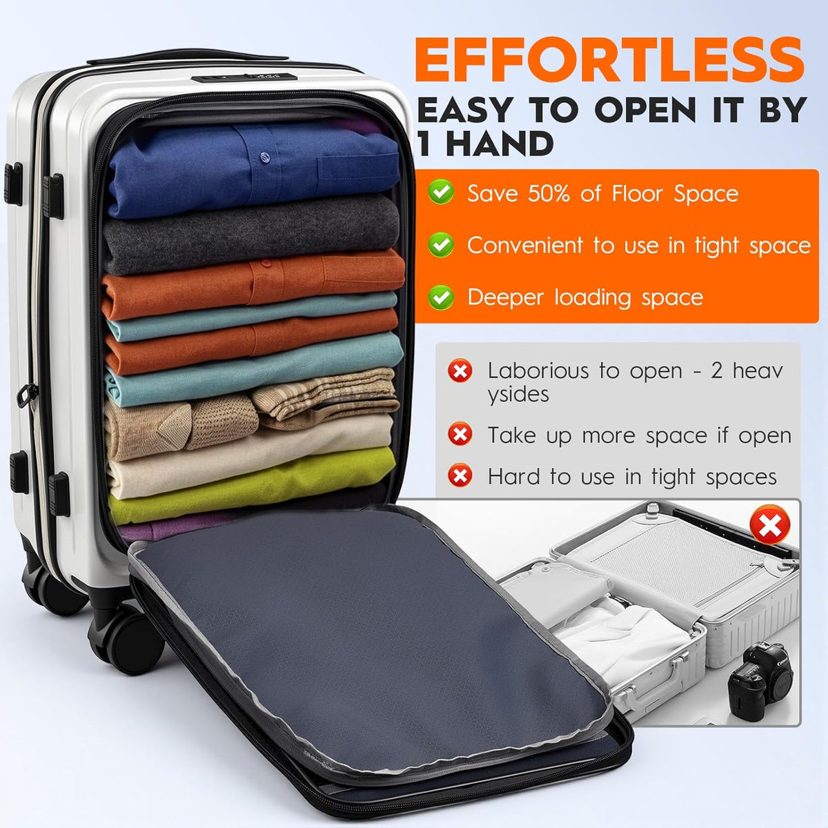 Expandable Top Opening 20 Inch Carry On Luggage with Laptop Compartment – Polycarbonate Hard Shell Suitcase, TSA Lock & Spinner Wheels (White)