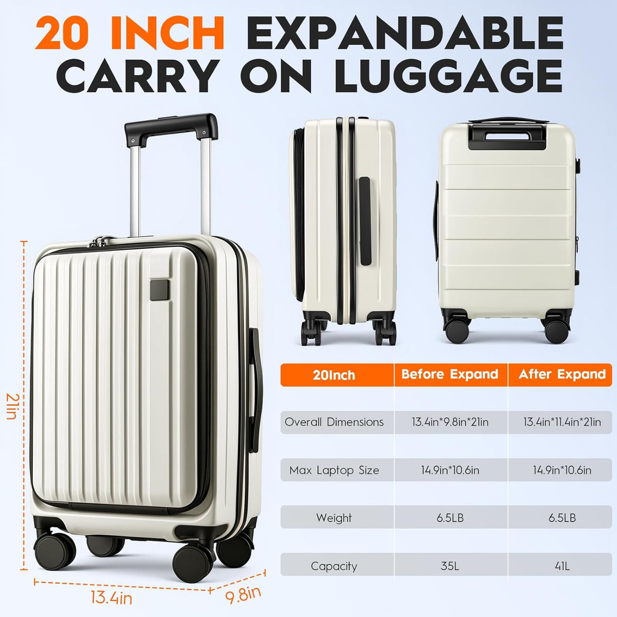 Expandable Top Opening 20 Inch Carry On Luggage with Laptop Compartment – Polycarbonate Hard Shell Suitcase, TSA Lock & Spinner Wheels (White)