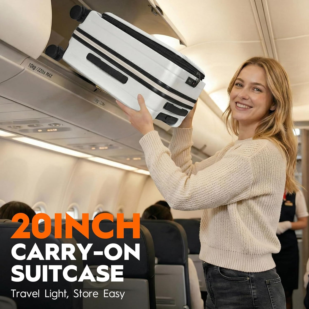 Expandable Top Opening 20 Inch Carry On Luggage with Laptop Compartment – Polycarbonate Hard Shell Suitcase, TSA Lock & Spinner Wheels (White)