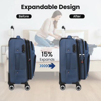 20'' Carry on Luggage,Softside Suitcase w/Combination LOCK,Expandable 15% Luggage w/Double Spinner Wheels,Lightweight Rolling Suitcases for Men/Women（Blue,20in）