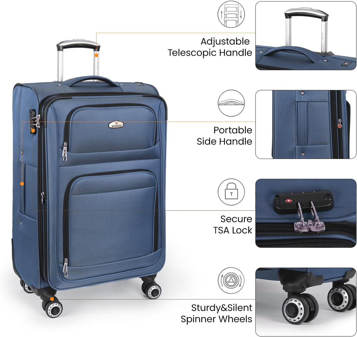 20'' Carry on Luggage,Softside Suitcase w/Combination LOCK,Expandable 15% Luggage w/Double Spinner Wheels,Lightweight Rolling Suitcases for Men/Women（Blue,20in）