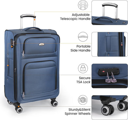 20'' Carry on Luggage,Softside Suitcase w/Combination LOCK,Expandable 15% Luggage w/Double Spinner Wheels,Lightweight Rolling Suitcases for Men/Women（Blue,20in）